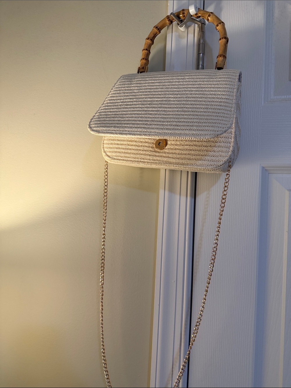 Woven Straw Crossbody Bag with Bamboo Top Handle - Cream